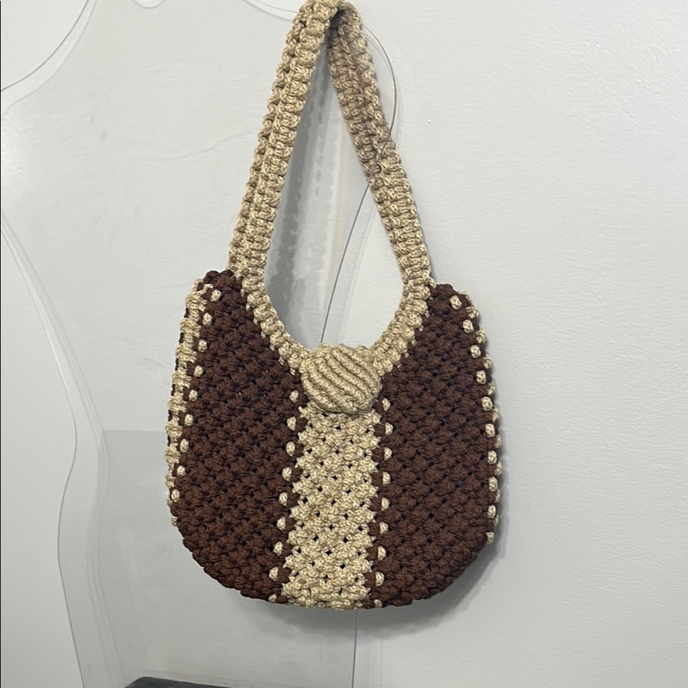 Handcrafted Crochet Shoulder Purse in Brown and Cream